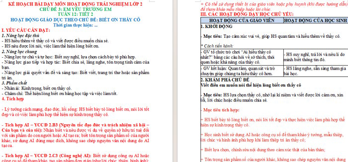 Giáo án tích hợp Hoạt động trải nghiệm 2 Tuần 12: Biết ơn thầy cô