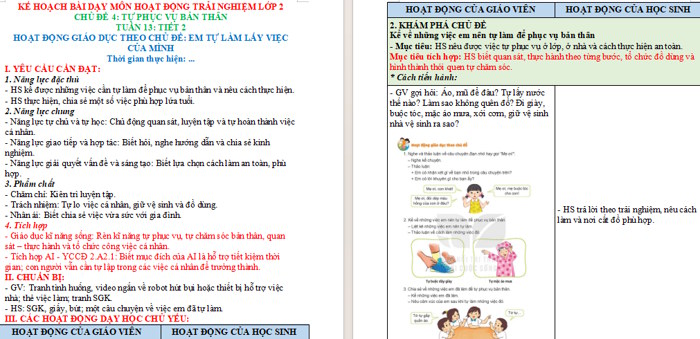Giáo án tích hợp Hoạt động trải nghiệm 2 Tuần 13: Em tự làm lấy việc của mình