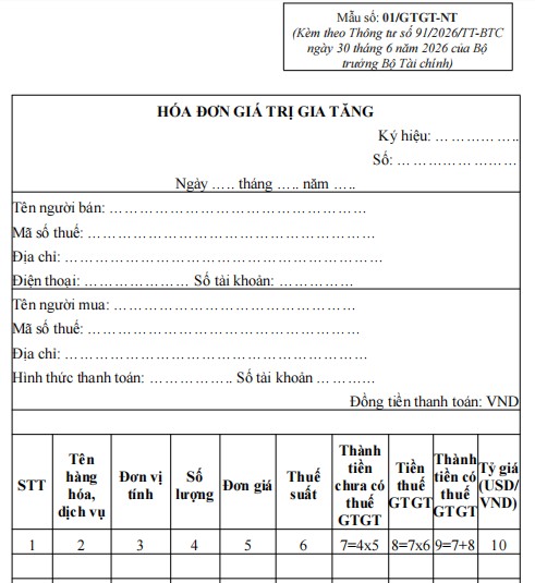 Mẫu hóa đơn điện tử GTGT dùng cho một số tổ chức, doanh nghiệp đặc thù thu bằng ngoại tệ