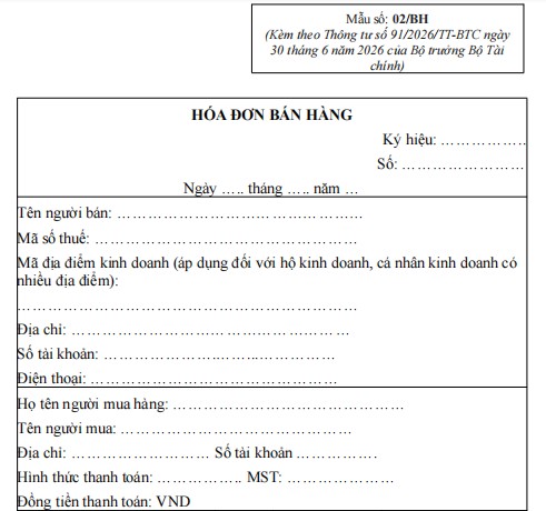 Mẫu hóa đơn điện tử bán hàng dùng cho tổ chức, cá nhân khai thuế theo phương pháp trực tiếp