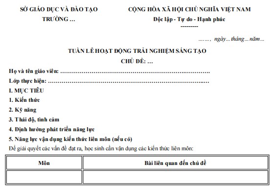 Mẫu biểu tuần lễ hoạt động trải nghiệm sáng tạo