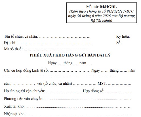 Mẫu phiếu xuất kho hàng gửi bán đại lý