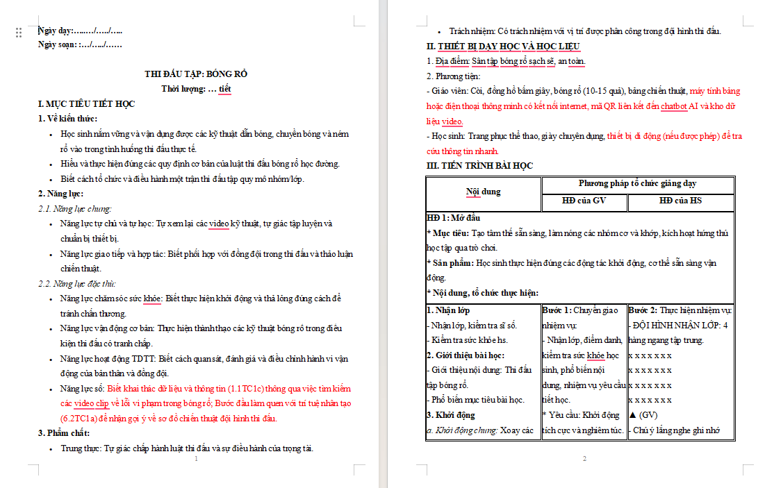 Giáo án NLS GDTC 8 Thi đấu tập Bóng rổ