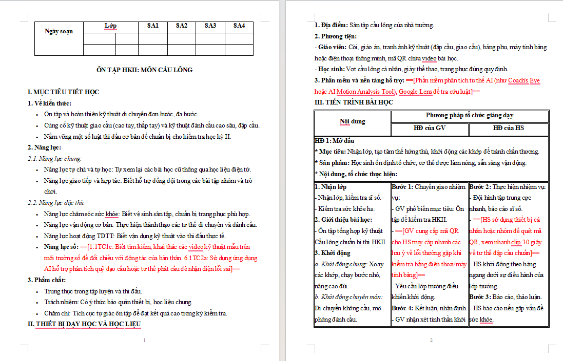 Giáo án NLS GDTC 8 Ôn tập học kì 2 Cầu lông