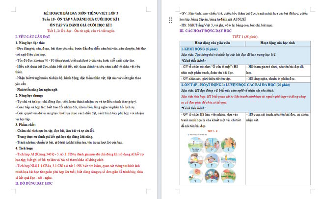Giáo án tích hợp NLS, AI Tiếng Việt 3: Ôn tập học kì 1