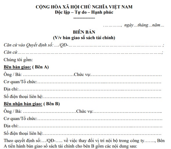 Mẫu biên bản bàn giao sổ sách tài chính
