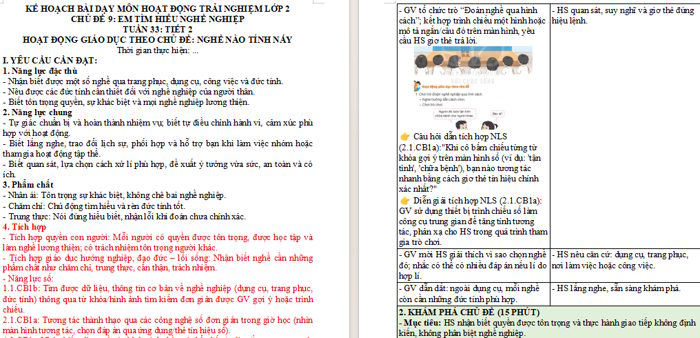 Giáo án tích hợp NLS Hoạt động trải nghiệm 2 Tuần 33: Nghề nào tính nấy