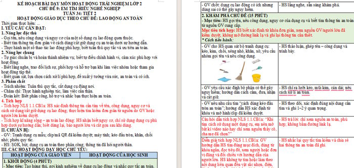 Giáo án tích hợp NLS, AI Hoạt động trải nghiệm 2 Tuần 34: Lao động an toàn