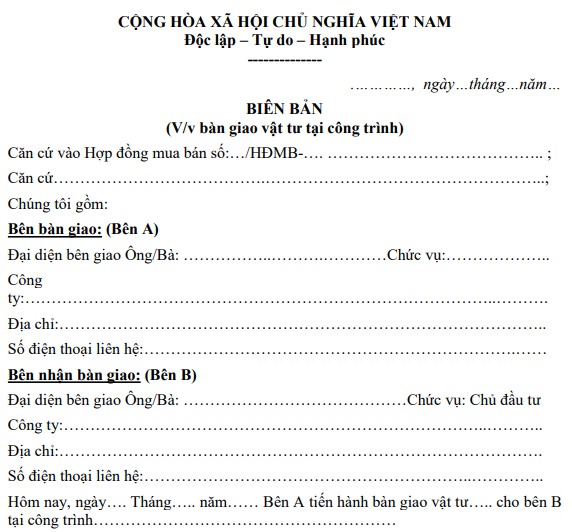 Mẫu biên bản bàn giao vật tư tại công trình