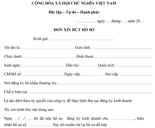 Đơn xin rút hồ sơ đăng ký doanh nghiệp