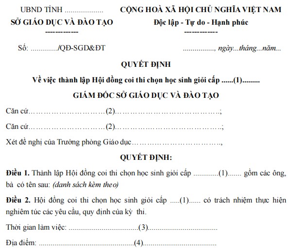 Mẫu quyết định về việc thành lập hội đồng coi thi học sinh giỏi