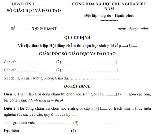 Mẫu quyết định về việc thành lập hội đồng chấm thi học sinh giỏi