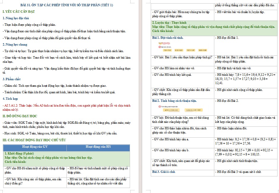 Kế hoạch bài dạy Toán 5 Bài 31 NLS