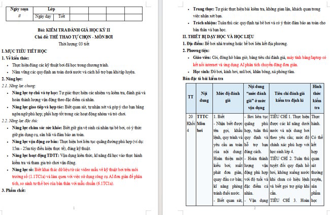 Giáo án tích hợp NLS Giáo dục thể chất 4 Kiểm tra học kì 2: Bơi