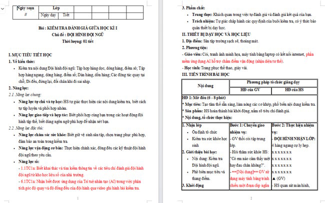 Giáo án tích hợp NLS Giáo dục thể chất 5: Kiểm tra giữa học kì 1