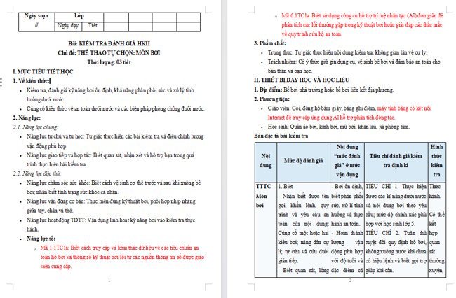 Giáo án tích hợp NLS Giáo dục thể chất 5 Kiểm tra học kì 2: Bơi