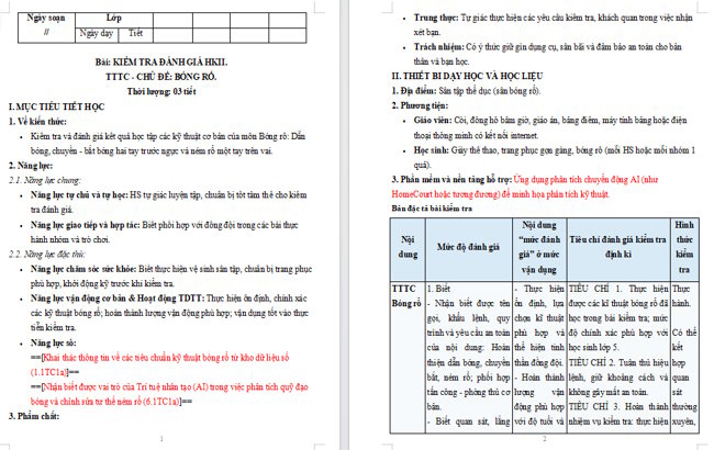 Giáo án tích hợp NLS Giáo dục thể chất 5 Kiểm tra học kì 2: Bóng rổ