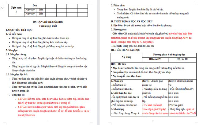 Giáo án tích hợp NLS Giáo dục thể chất 5 Ôn tập học kì 2: Bơi