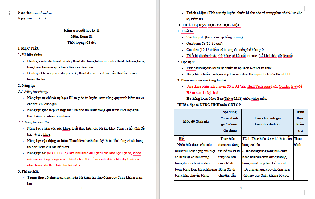 Giáo án NLS GDTC 9 Ôn tập học kì 2 Bóng đá