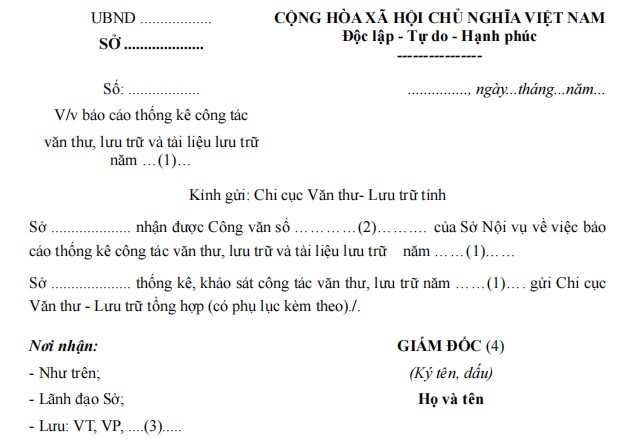 Mẫu công văn báo cáo về việc thống kê công tác văn thư, lưu trữ và tài liệu lưu trữ