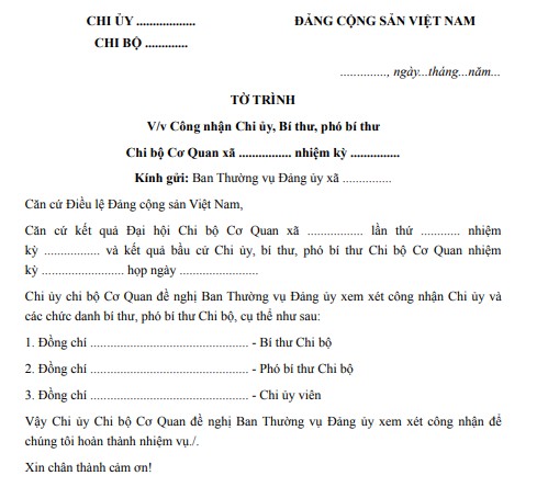 Mẫu tờ trình đề nghị công nhận chi ủy chi bộ