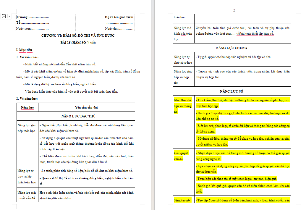 Giáo án Toán 10 Bài 15: Hàm số (Năng lực số)