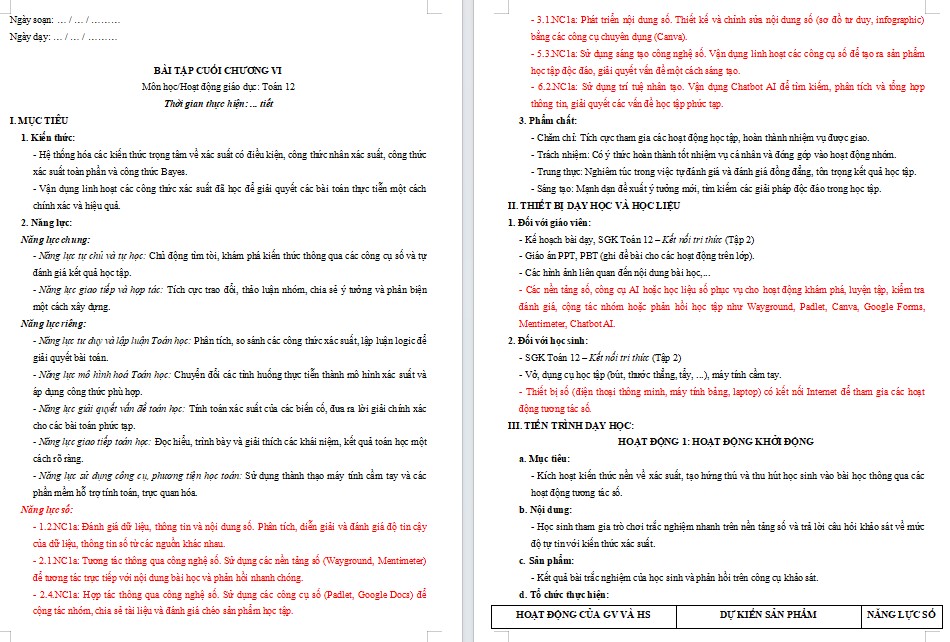 Kế hoạch bài dạy Toán 12 Bài tập cuối chương 6 NLS