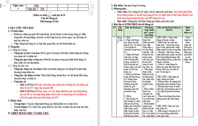 Giáo án tích hợp NLS Giáo dục thể chất 6 Kiểm tra học kì 2: Bóng rổ