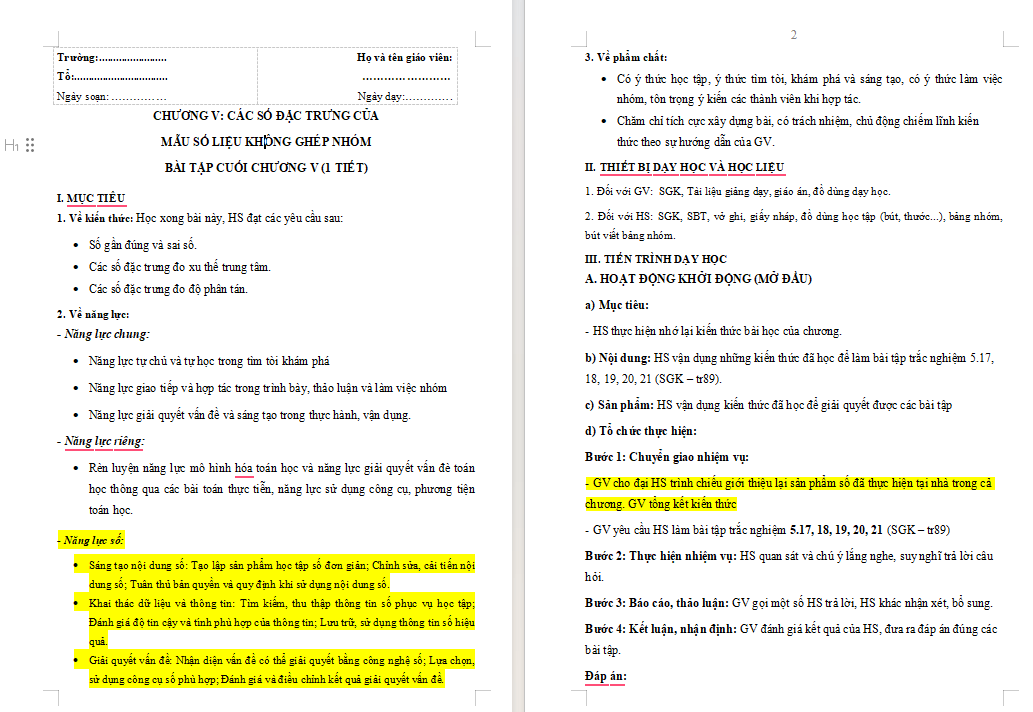 Giáo án Toán 10 Bài tập cuối chương 5