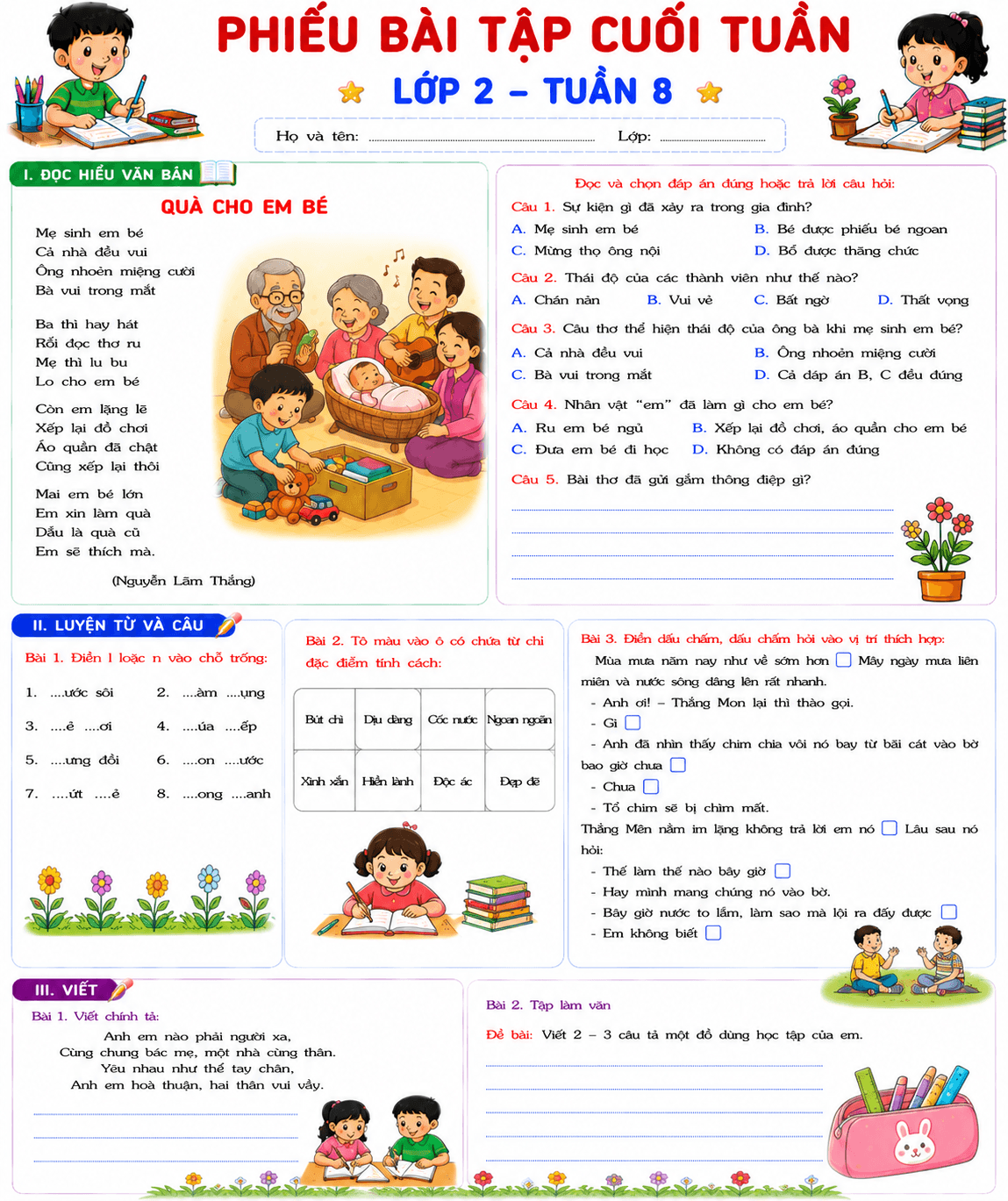Bài tập cuối tuần lớp 2 môn Tiếng Việt Kết nối tri thức - Tuần 8