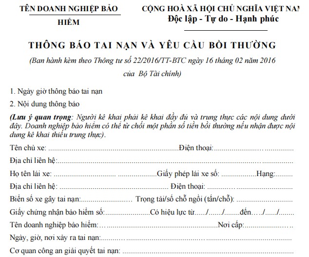 Mẫu thông báo tai nạn và yêu cầu bồi thường