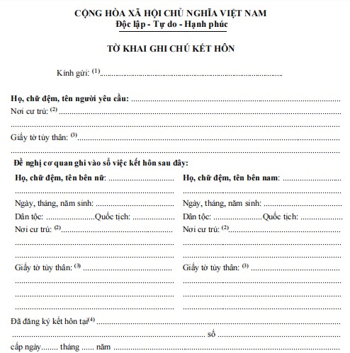 Mẫu tờ khai về việc ghi chú đăng ký kết hôn