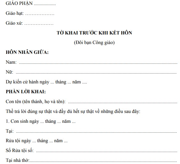 Mẫu tờ khai ghi chép trước khi kết hôn