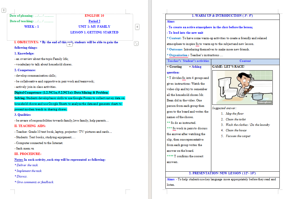 Giáo án Năng lực số Tiếng Anh 10 Unit 1: Getting Started
