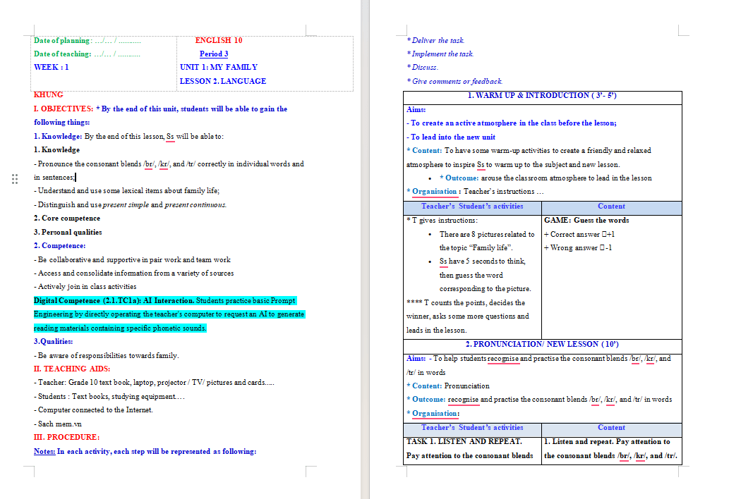 Giáo án Năng lực số Tiếng Anh 10 Unit 1: Language
