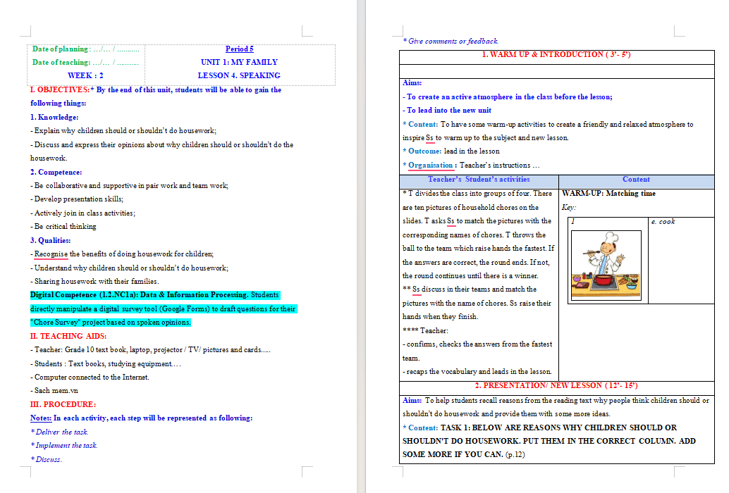 Giáo án NLS Tiếng Anh 10 Unit 1 Speaking