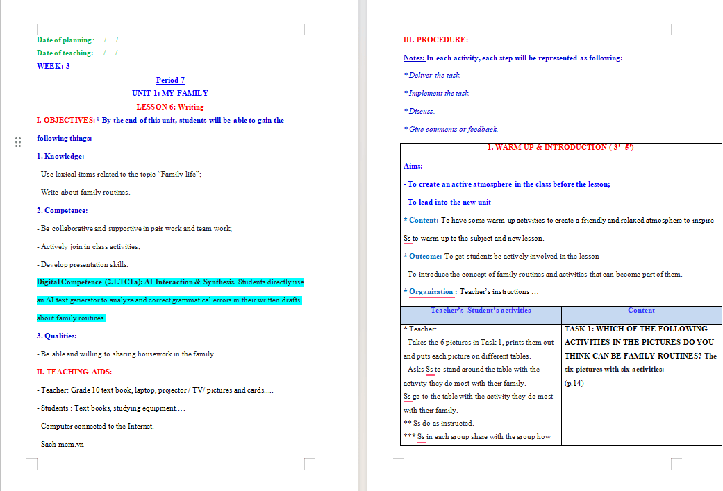 Giáo án NLS Tiếng Anh 10 Unit 1 Writing