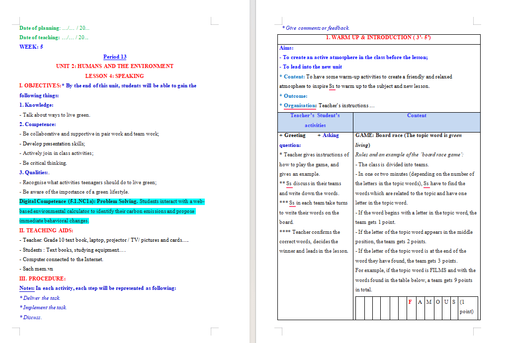 Giáo án NLS Tiếng Anh 10 Unit 2 Speaking