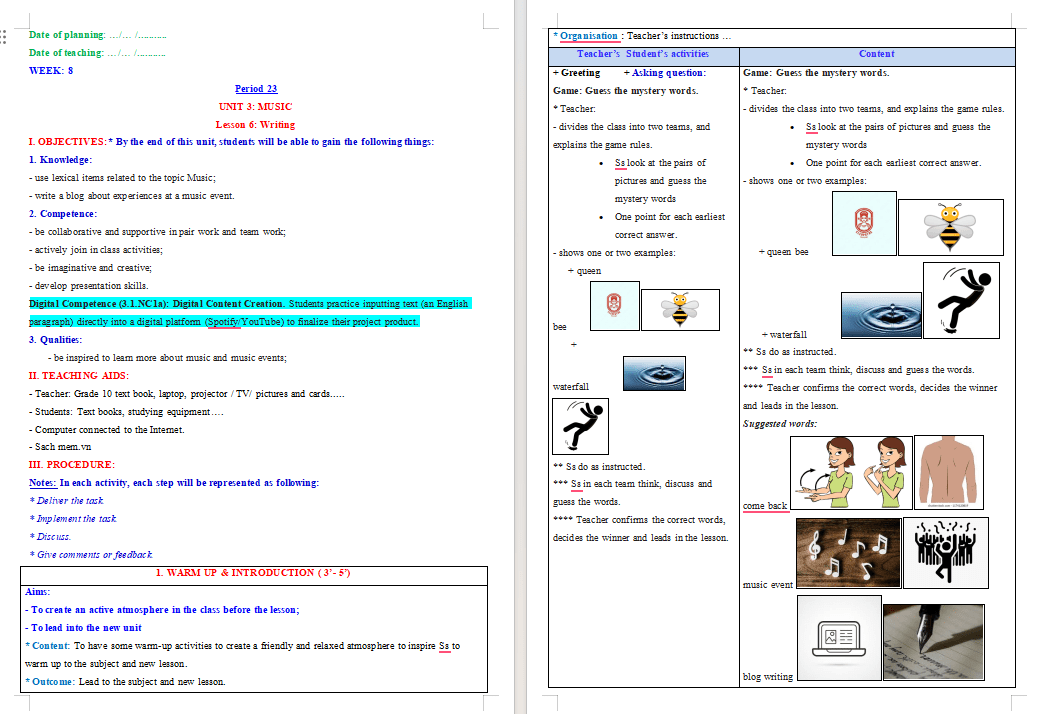 Giáo án tích hợp NLS Tiếng Anh 10 Unit 3: Writing