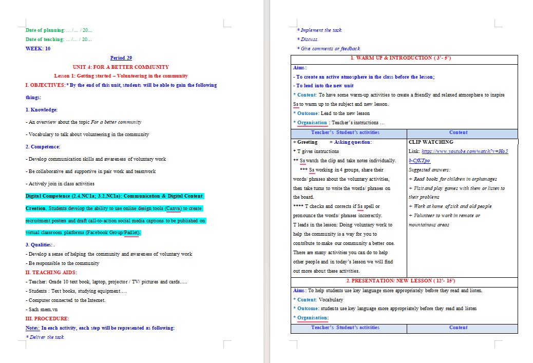 Giáo án tích hợp NLS Tiếng Anh 10 Unit 4: Getting Started