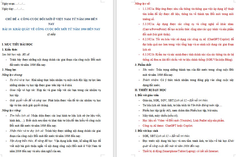 Kế hoạch bài dạy Lịch sử 12 Bài 10 NLS