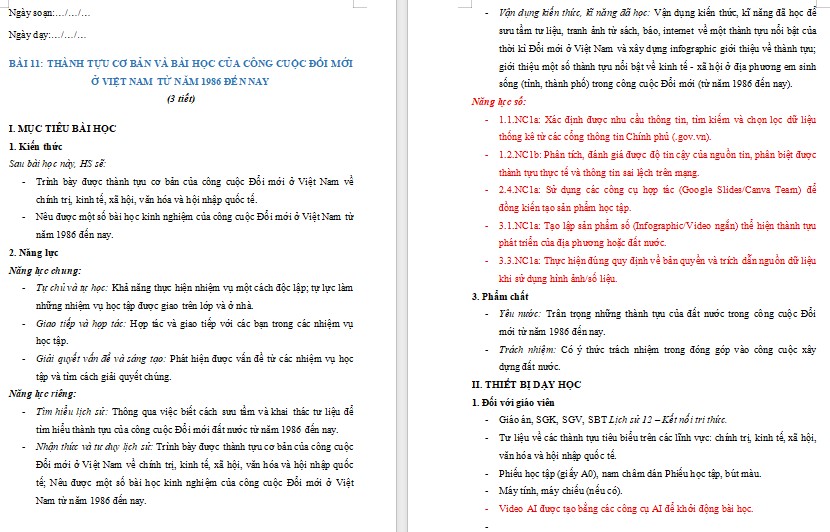 Giáo án Lịch sử lớp 12 Bài 11 theo định hướng phát triển năng lực số