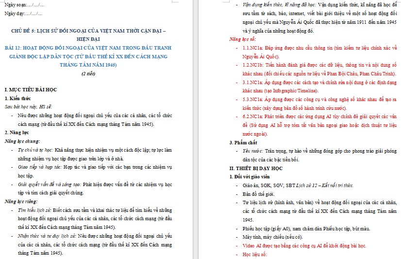Giáo án Lịch sử 12 NLS Bài 12 file Word