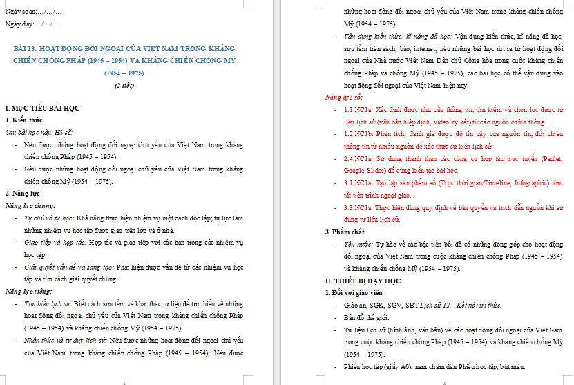 KHBD Lịch sử 12 Bài 13 tích hợp NLS theo CTGDPT 2018 