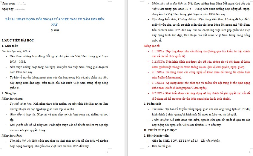 Giáo án NLS Lịch sử 12 Bài 14