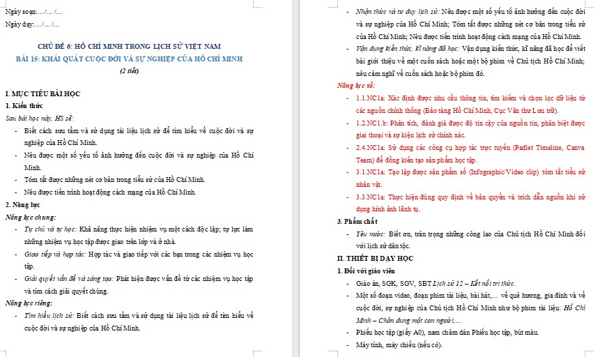  Kế hoạch bài dạy Lịch sử 12 Bài 15 tích hợp năng lực số 