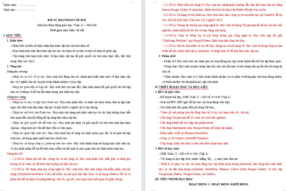 Tải giáo án tích hợp NLS Toán 11 Bài 33 file Word