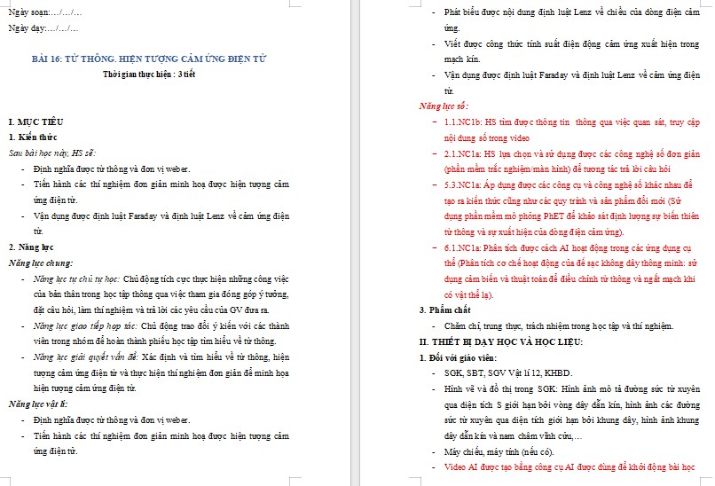 Giáo án word Vật lí 12 Bài 16 tích hợp năng lực số
