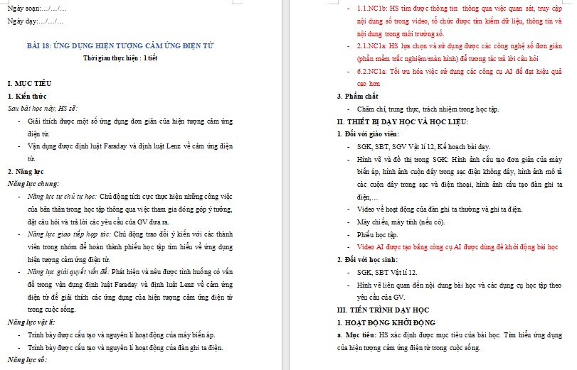Giáo án NLS Vật lí 12 Bài 18 mới nhất