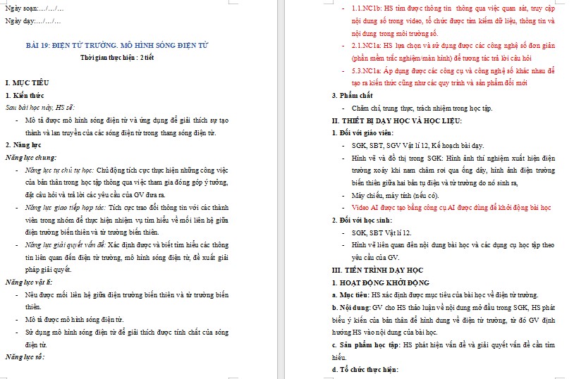 Kế hoạch bài dạy Vật lí 12 Bài 19 tích hợp năng lực số